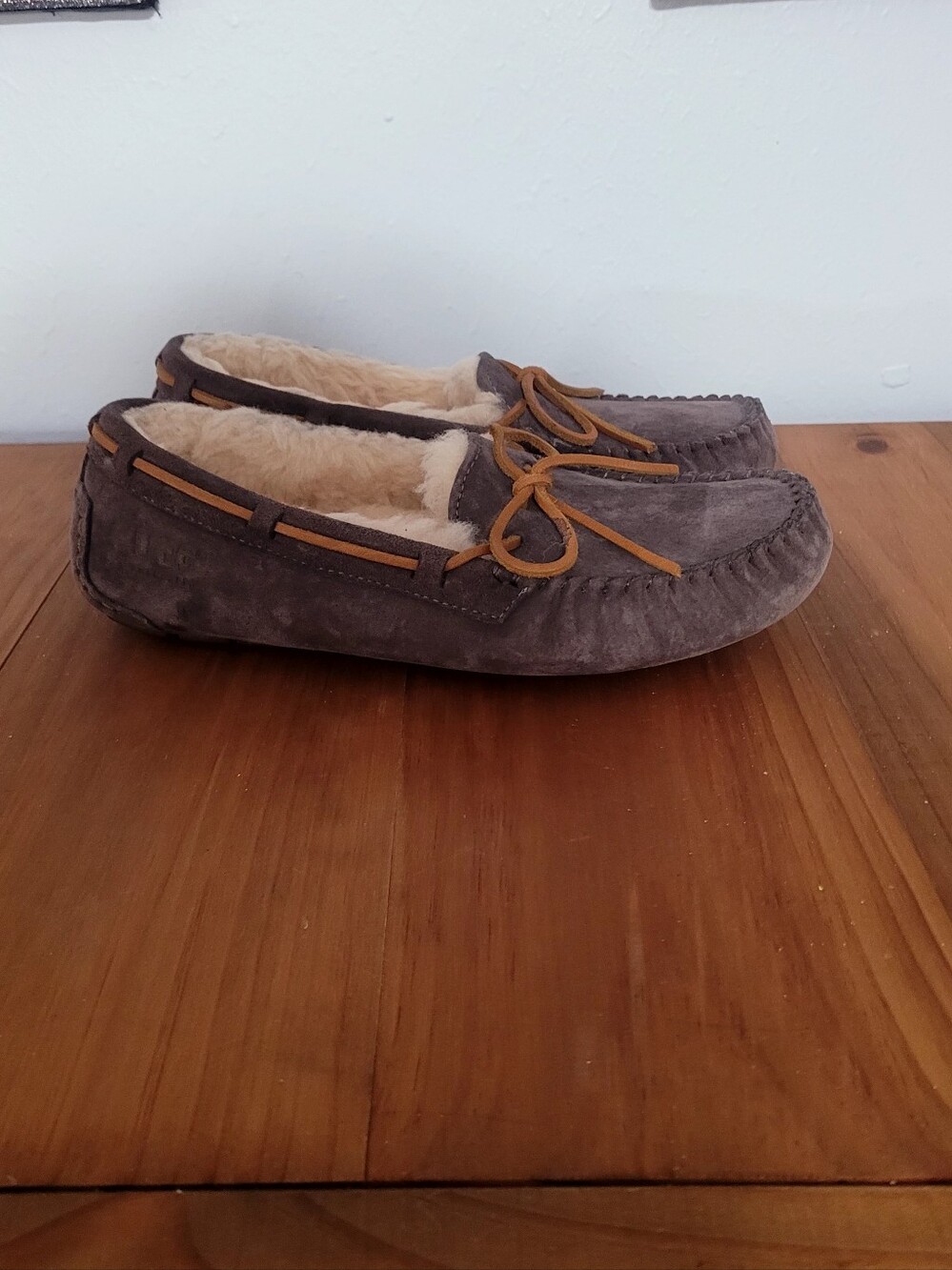 UGG Women's Gray Suede Moccasin Slippers with Shearling Lining